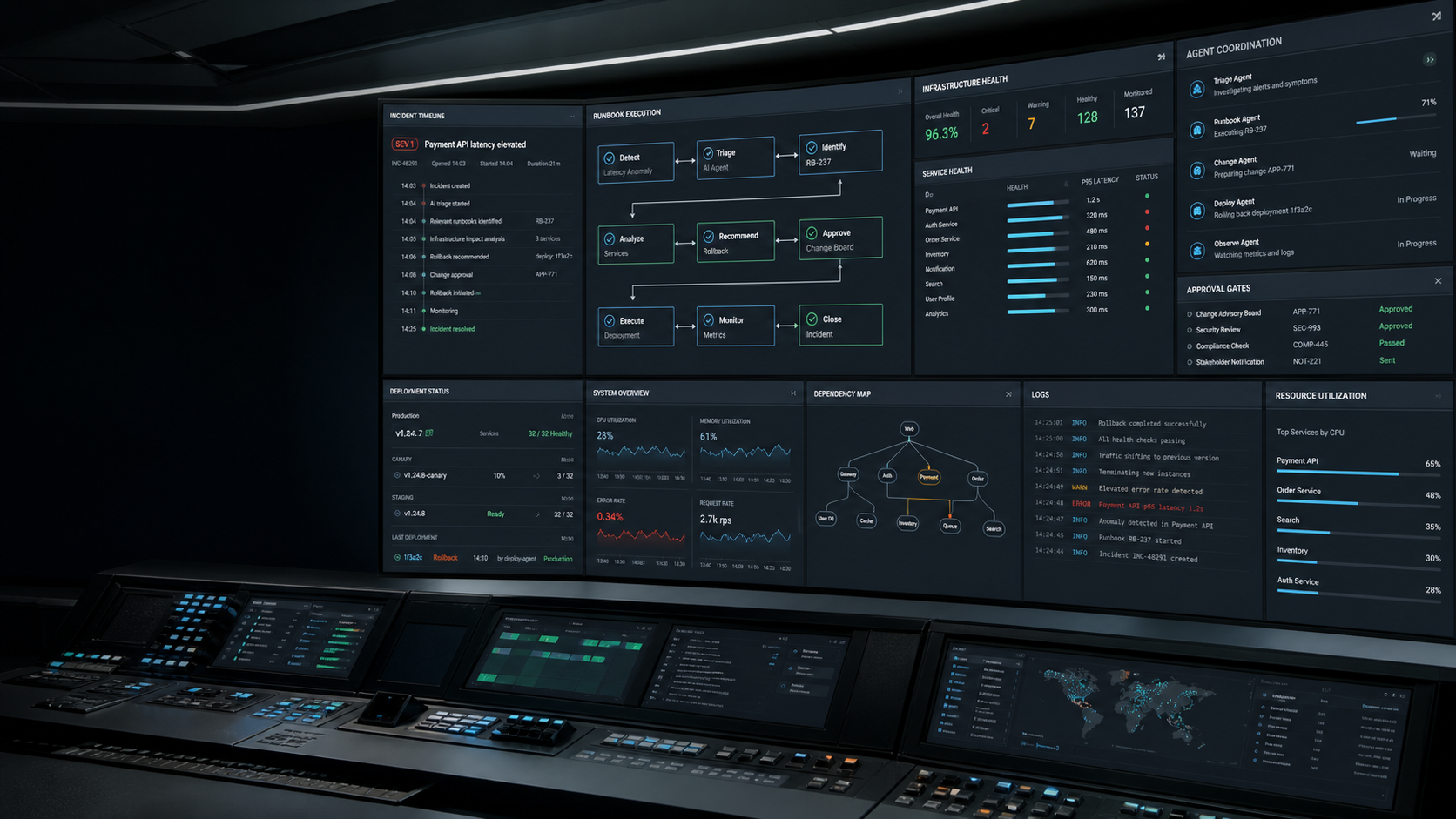 Enterprise operations control room showing incident response, runbook execution, infrastructure health, agent coordination, approvals, and deployment status.