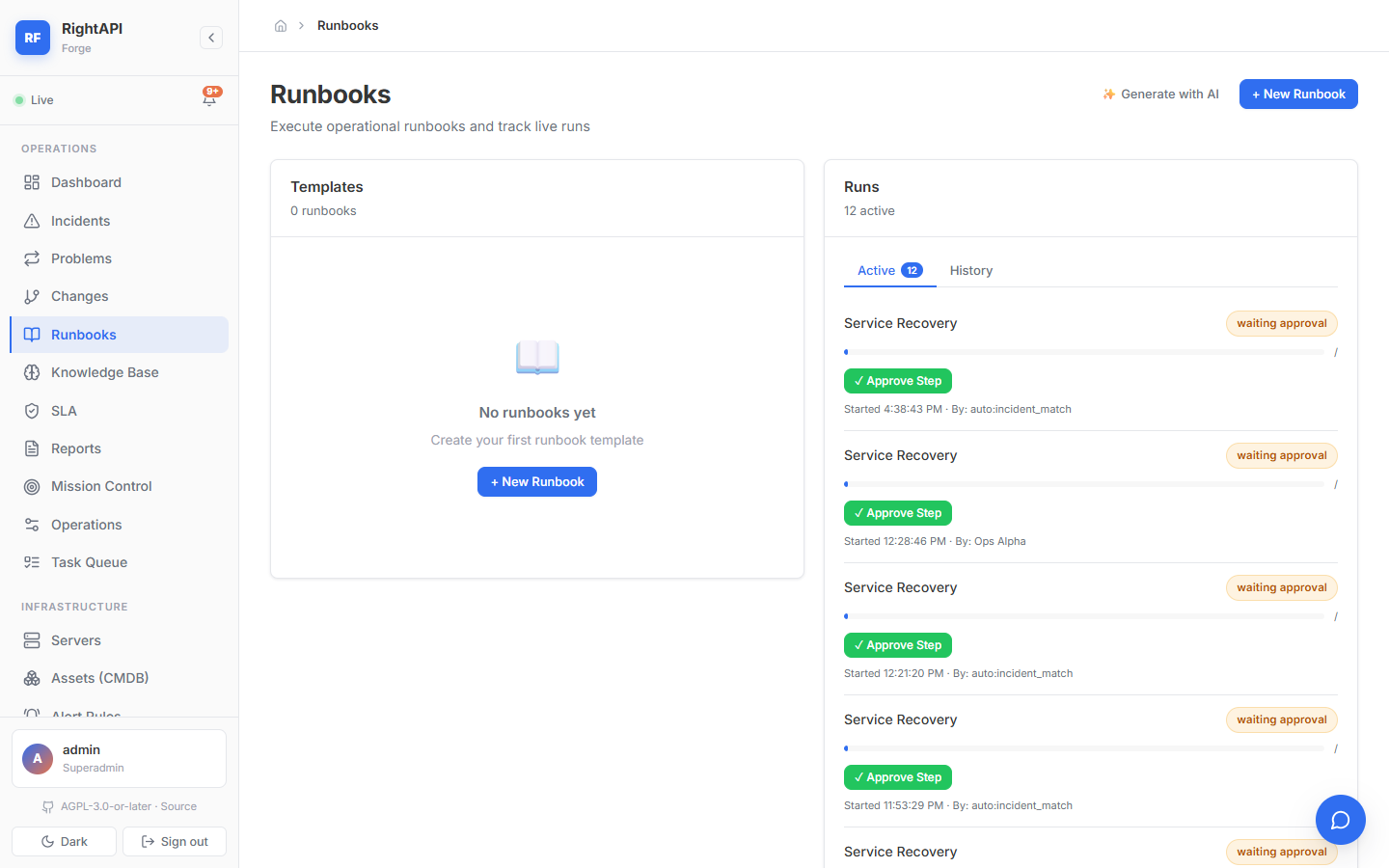 RightAPI Forge runbook console showing active service recovery runs waiting for approval.