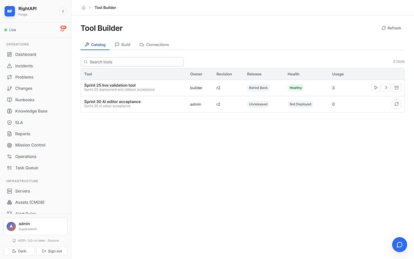 RightAPI Forge tool builder showing versioned operational tools and release health.